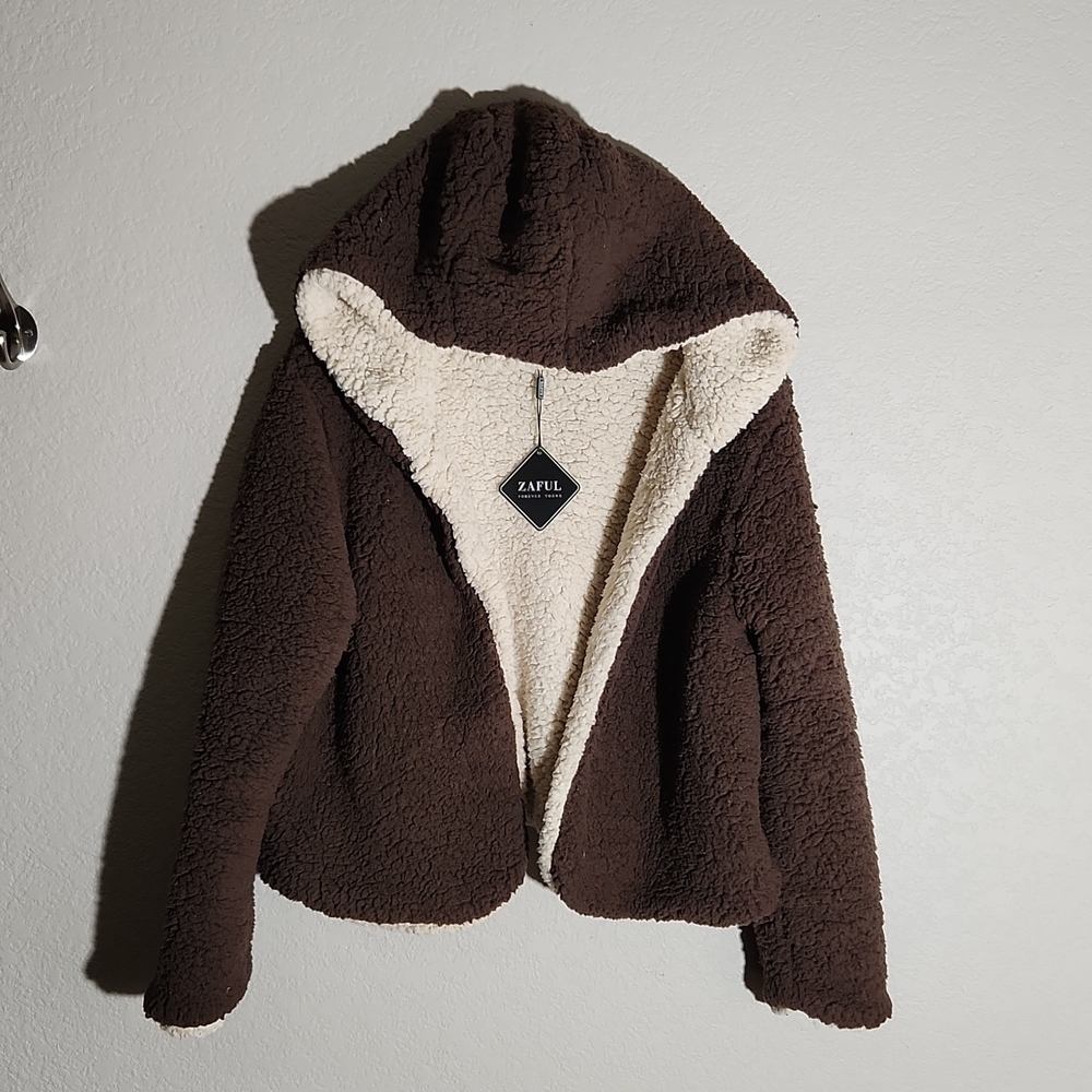 Zaful Jacket Forever Young Womens XL Sherpa Brown Cream New Teddy Bear